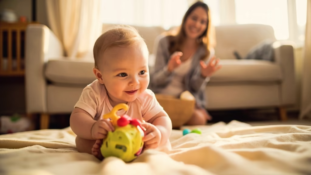 Bebis som utvecklar ny f&auml;rdighet efter ett utvecklingsspr&aring;ng medan f&ouml;r&auml;lder uppmuntrar