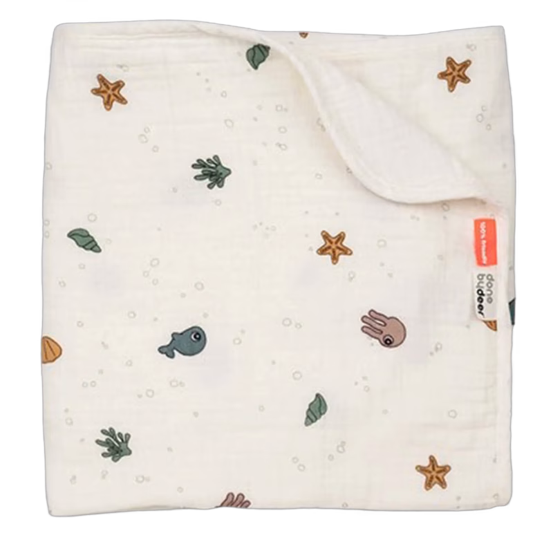 Done By Deer Muslinfilt 100x100 GOTS Sea friends, Beige