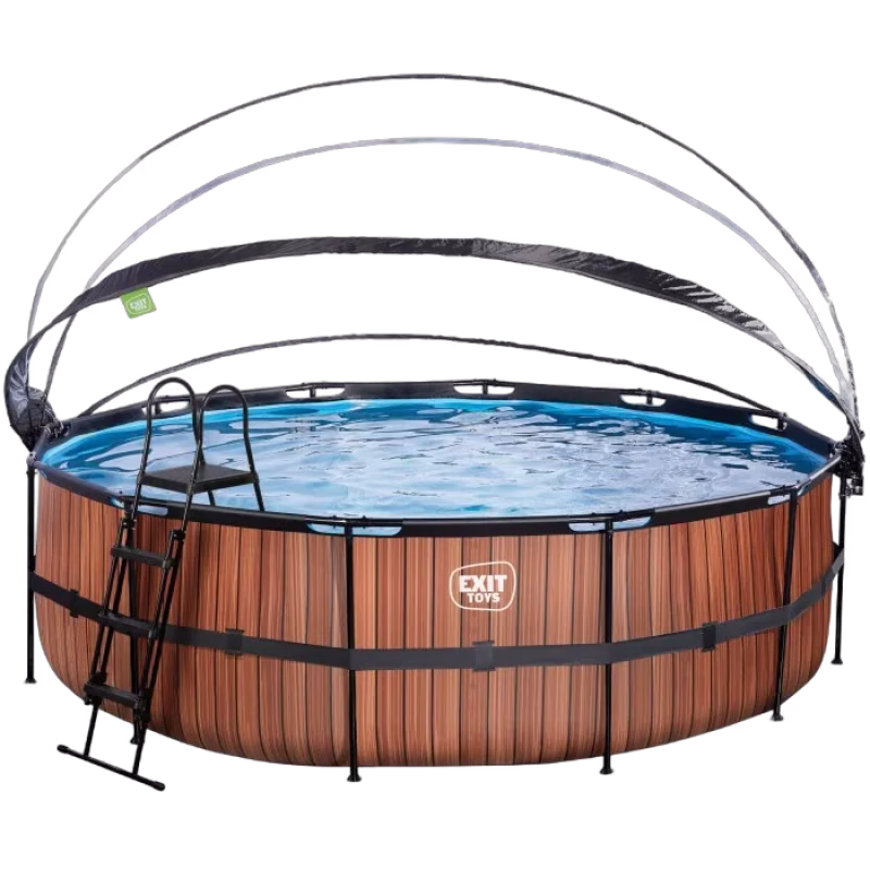 EXIT Wood pool 488x122cm med sandfilterpump och tak och värmepump (Brun)