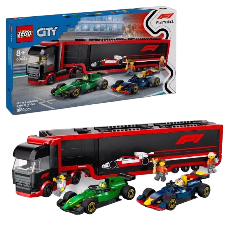LEGO City 60445 F1 lastbil med RB20 & AMR24 F1 bilar