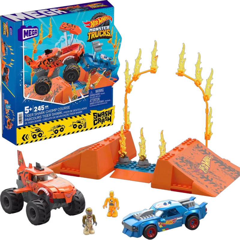 Mega Hot Wheels Bilset Smash N Crash Tiger Shark Chomp Course 245 Bitar