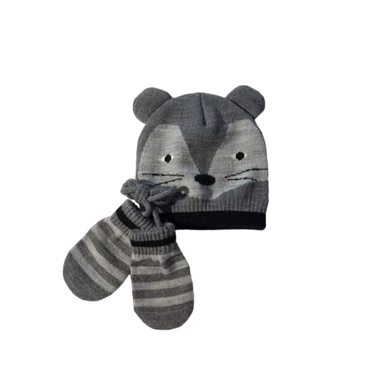 Mini Dreams set mössa & vante djur 6-12 mån, grå