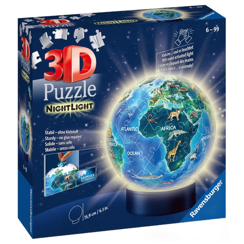 Ravensburger 3D Pussel Jordglob Djur, Nattlampa 72 Bitar, Barnrum
